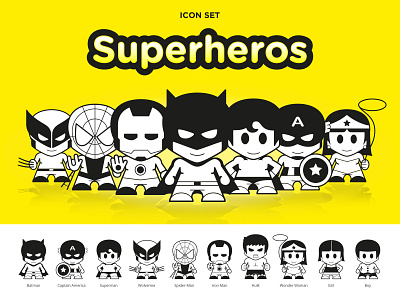 Superhero Icons batman captain america comics dc comics flat icon hulk icon set icons illustration iron man marvel pictograms spider man superhero superheros superman vector wolverine wonder woman