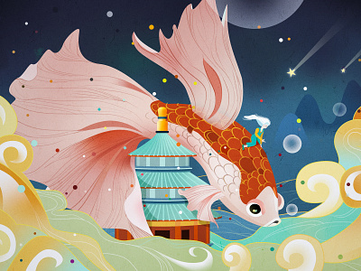 a lucky koi cloud design fish illustration red and blue wallpaper