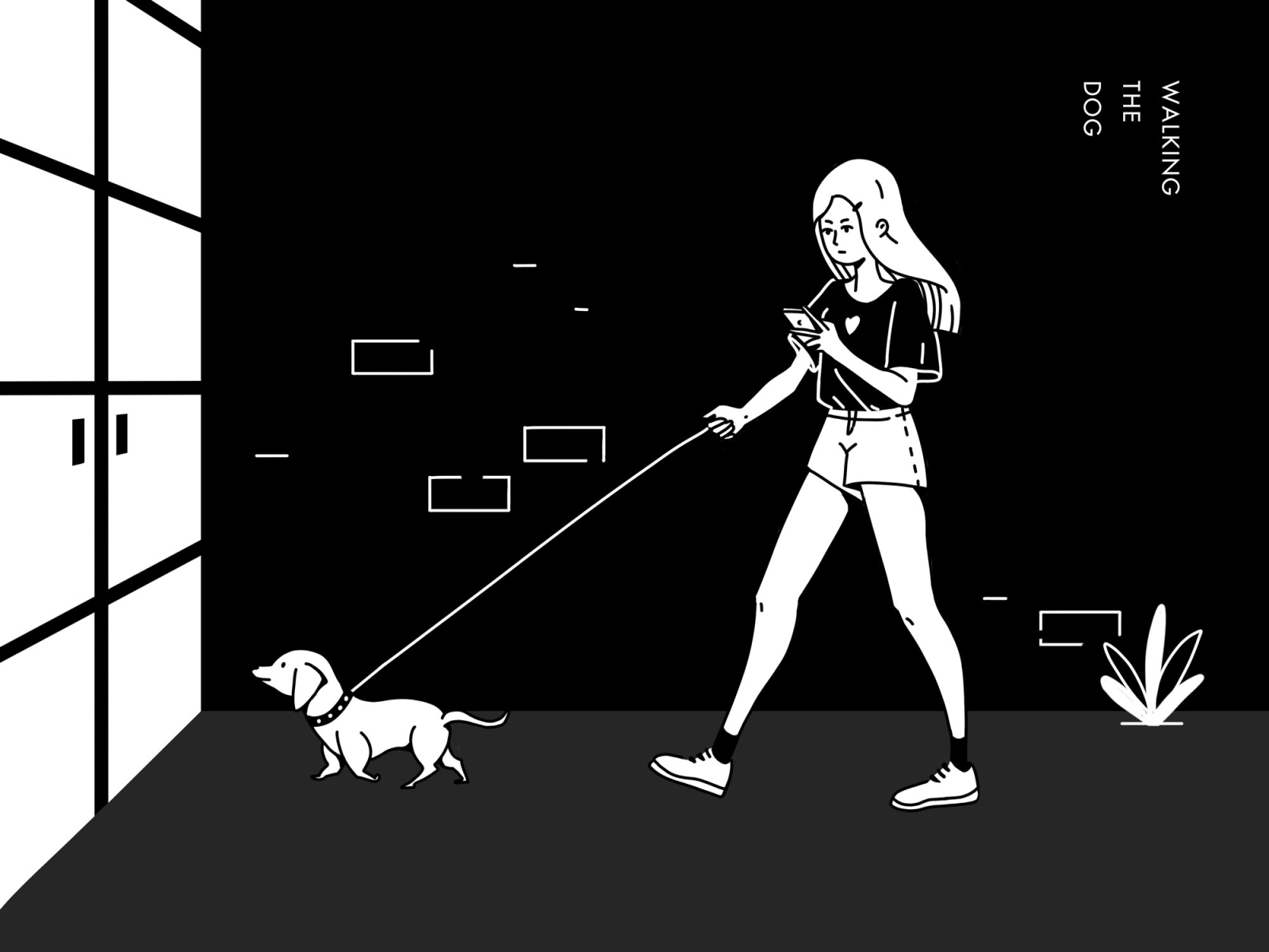 walking the dog black white black and white blackandwhite dog illustration people