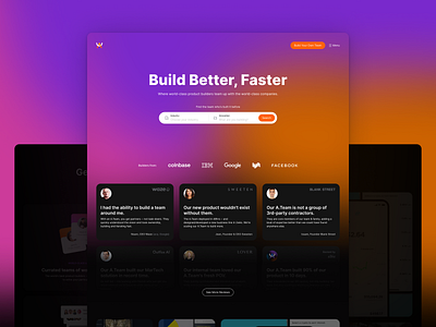 Marketplace's homepage a.team branding builders design freelance freelancers gradient illustration marketplace mobile team services teams teamwork ui web team webapp