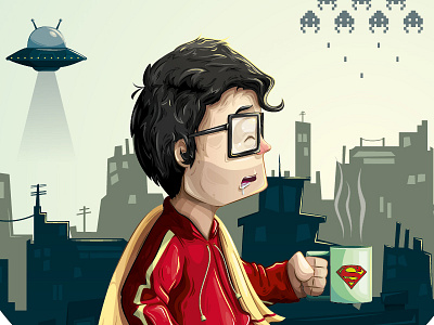 Superman aliens coffee goodmorning illustration ovni sleep superman