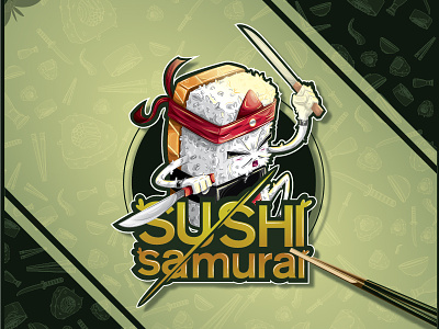 Sushi samurai bar brand chopsticks cut dinner eat illustration logo lunch restaurant samurai sushi