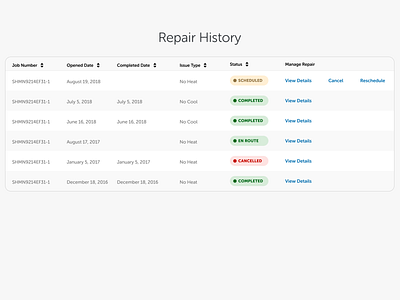 Repair History Table design interaction design ui ux web
