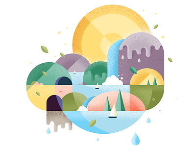 Illustration of a holiday landscape adobe boats colourful design holiday illustration illustrator landscape mountain sun vacation vector waterfall