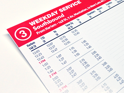 Mta Train Schedule (redesign) alignment design graphic grid list numbers print red schedule typography