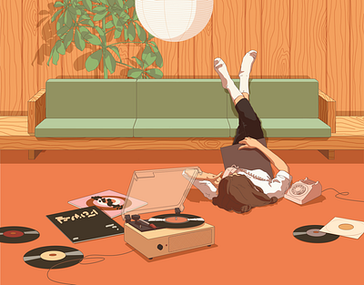 60s 60s illustration living room record player vinyl wood