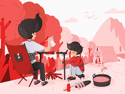 holiday on the beach with beloved family app beach boy character evening characters family female flat design flat illustrations holiday illustration landscape monocrhome tent ui design unique vector web website woman