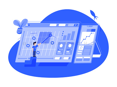 person pointing investment dashboard with flat illustration