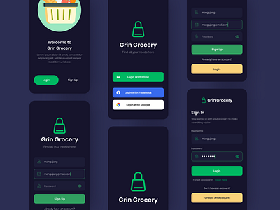 Dark Mode Sign in & Sign up Screen Grin Grocery App