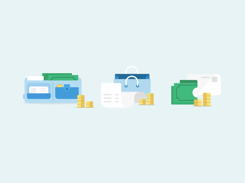 Shopping illustration vector bank money wallet bag shopping card coins invoice.