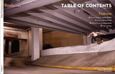 Thrashmore Table of Contents magazine skateboard spread stackus will