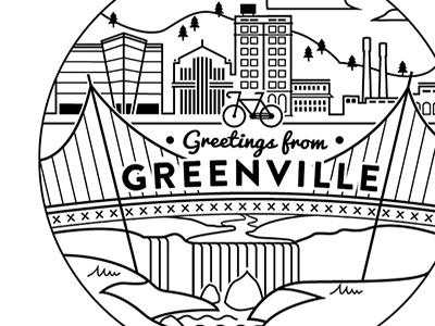 Greetings From Greenville art bicycle bike bridge greeting buildings carolina city cityscape clean drawing greenville hills illustration line postcard simple south travel vector waterfall