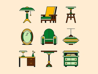 1920s furniture chair desk furniture icons illustration lamp mirror stool