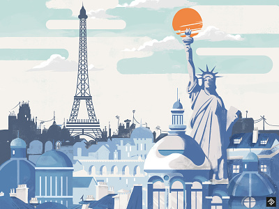 Independence Day air france city colorful eiffel tower flat flat design flatdesign france graphic illustration illustrator landscape paris poster sketch statue of liberty usa vector