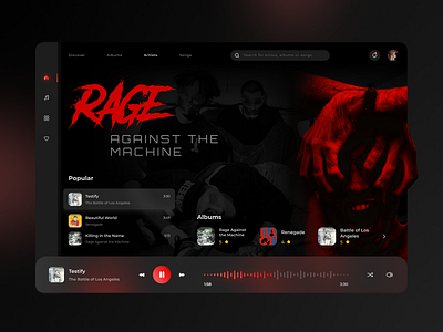 Rage app artist darkmode dashboard design face image keyvisual list music musicplayer photo photoshop player rage rageagainstthemachine red slider ui web