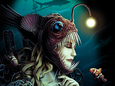 At The Bottom anglerfish clown deep fantasy fish illustration mermaid ocean shark