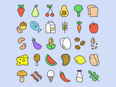 Food & Dots Icon Set avocado bread cheese fish food fruit ice cream icon set icons ingredients meat vegetables