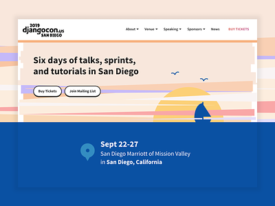 DjangoCon US 2019 Site beach california conference django header hero logo ocean sunrise sunset web design website