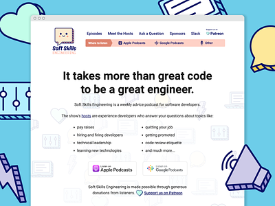 Soft Skills Site branding cute engineering friendly icons logo navigation podcast web design website