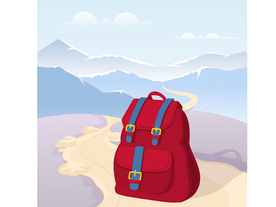 always on the go. travels app backpack banner design flat illustration mountains social networks vector web