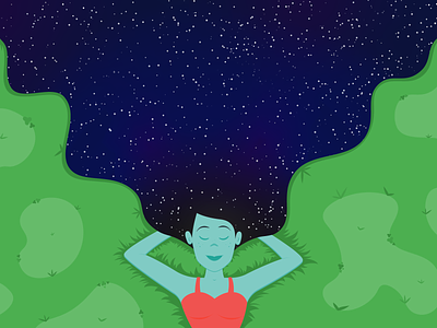 Daydreaming aqua blue daydream galaxy grass green nap night red sky star white woman