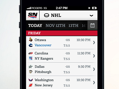 SportsNet Smartphone Concept app date dropdown list score sports time ui ux