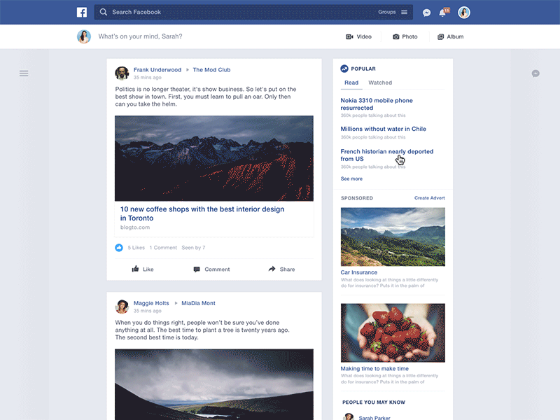 Facebook – Desktop Browser Changes facebook feed hover menu stream ui ux
