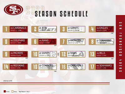 COVID-19 Design Challenge 4/100 49ers Schedule 004 2020 49ers covid 19 daily 100 dailyui design football nfl nfl2020 nflkickoff nflschedule niners sports sports branding sportsui ui uidesign