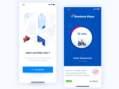Domino's Location access & Track Order app brand and identity branding concept design delivery status design dominos dominosapp illustration location pizza rupendesign trackorder typography ui uitrends userinterface userinterfacedesign ux design vector