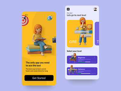 GRE Flash Card APP 3d illustrations animation application blue cards cardui design exam flashcard minimal motion graphics study ui ux yellow