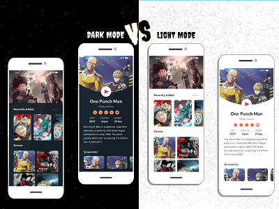 anime app ui ux - dark and light mood adobe xd anime app dark mode light mode mobile mobile design mobile ui one punch man ui ui ux ui design ux uxd uxdesign xd