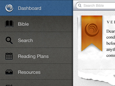 Bible Gateway iPad Dashboard dashboard menu paper ribbon sidebar