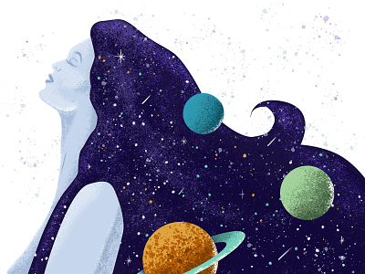 Digital Illustration - The Universe galaxy illustration planets stars woman