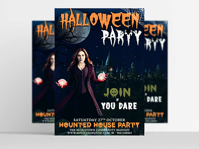 Halloween Party Flyer castle creative illusion creative party flyer ghost halloween magician moon night sky spider stars tree