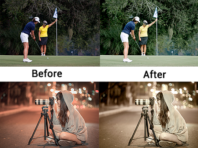 Before And After camera girl golf golf stick ground lights man night road trees women
