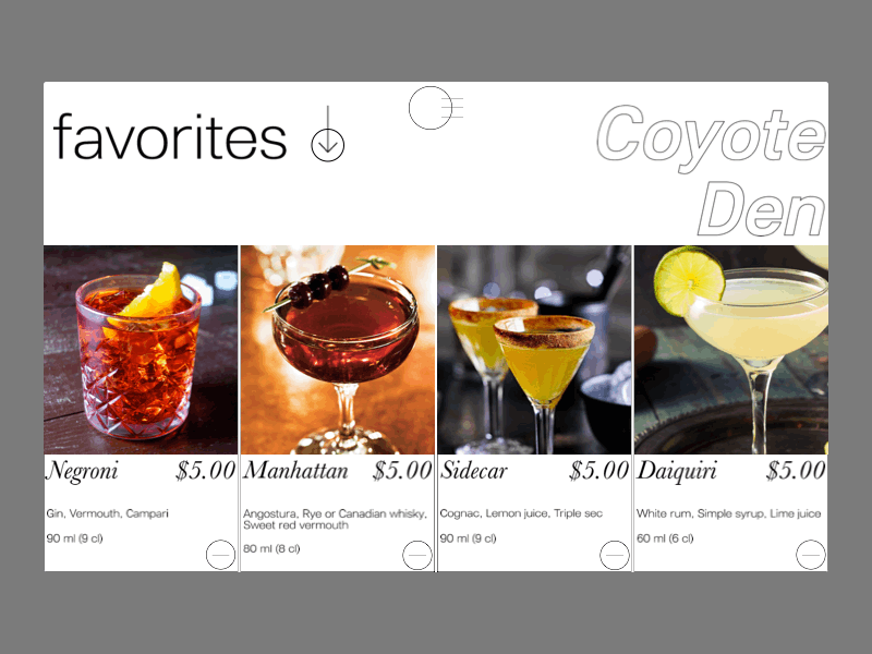 Coyote Den favorites page bar cocktails daily ui design interaction interaction design minimal minimalism minimalist video web webdesign website