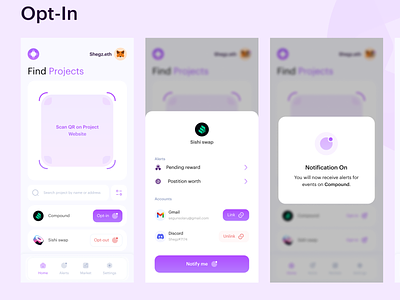 NotieFi App dashboard blockchain coins crypto design email mobile app modal opt in pop up public key sign in signature tokens uiux web3