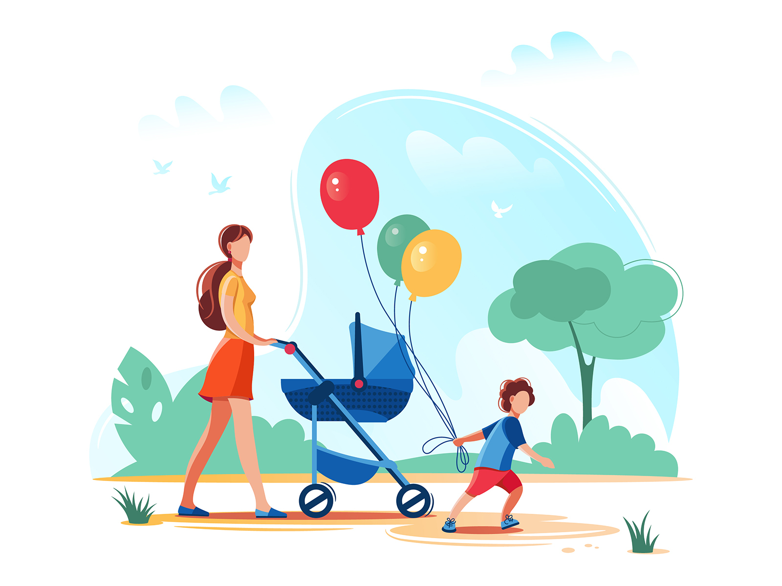 Young mother walks with children in the Park. baby boy cartoon character city design family flat girl illustration kid lifestyle little love man mom mother nature park vector