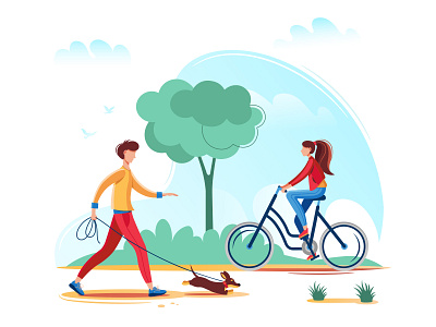 A man walks with a dog in the park. bike design dog flat girl illustration man park summer tree vector