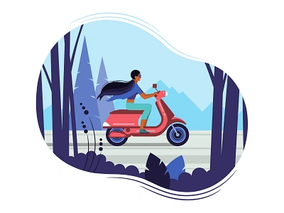 Woman riding motorcycle. design flat forests girl illustration motorcycles mountains road trees vector