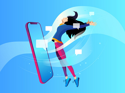 Social media addiction character design flat girl illustration phone social media vector