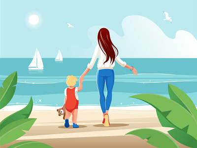 Mom walks with the baby near the sea. baby character design flat illustration mom sailboat sea vector