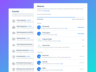 Tutorials & Missions for Xsolla Partner Network achievements design dribbble get started missions onboarding tutorials ui ux xsolla