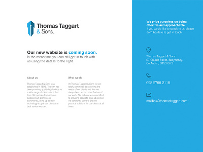 Thomas Taggart holding page blue branding holding sidebar taggart website white