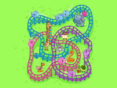 Roller Coaster animals balloon kids neon green grass roller coaster