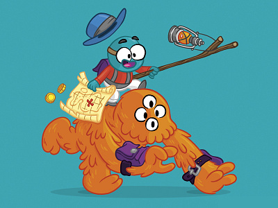The Treasure Hunter arm bags big orange furry thing character coins lantern map monster treasure
