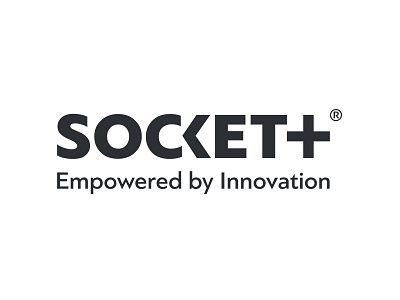 Socket+ Logotype electric innovation logotype plus power socket startup technology