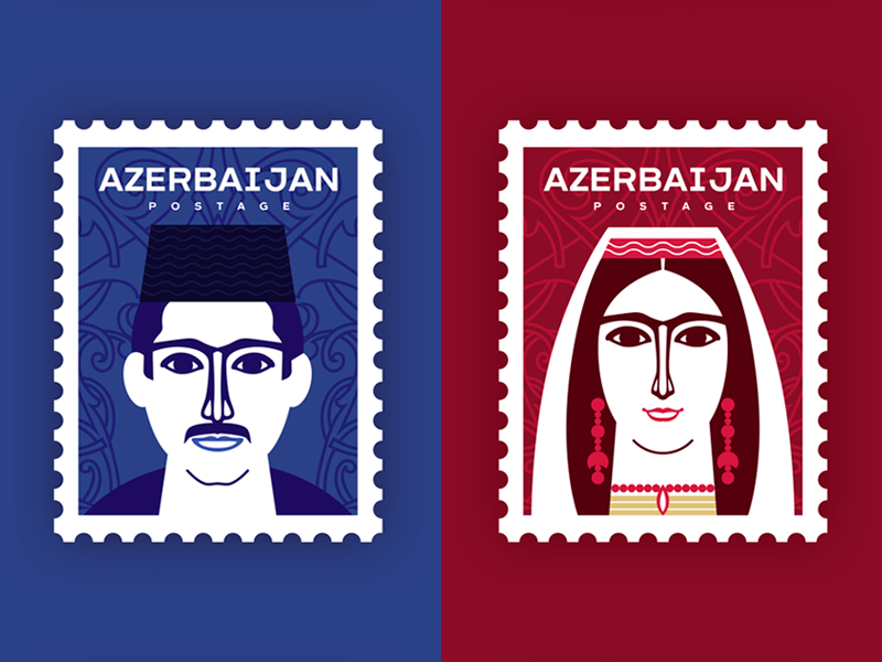 Azerbaijan Postage Stamp face flat portrait illustration portrait airmail postage stamp postage costume traditional baku azerbaijan