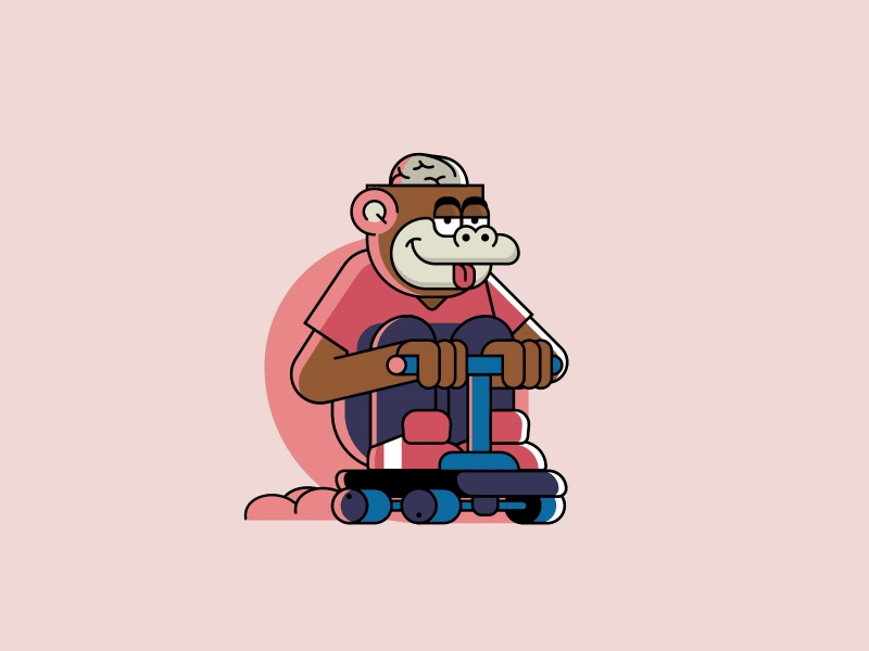 🛴#002 - Bran #OffWorkDrive aftereffects animal animation ape brain cryptoart ethereum illustration monkey nft office opensea pink scooter vector work