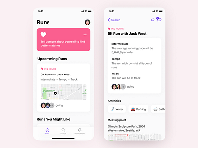 Sports’ social app app emojis homepage icons ios ios13 location love map mobile app mobile design pink product card product details running app social app sports suggestion ui ux